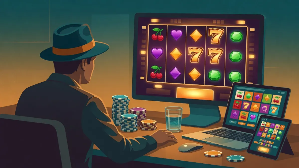Illustration of a man in a fedora playing slots on a desktop monitor, with a laptop and a tablet showing slot games beside him